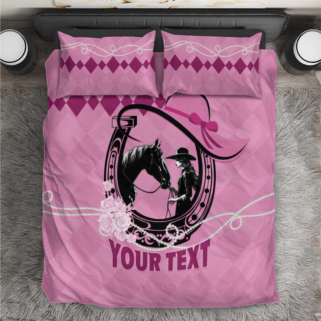Pink bedding set with 'YOUR TEXT' and horse-and-heart emblem, two pillowcases