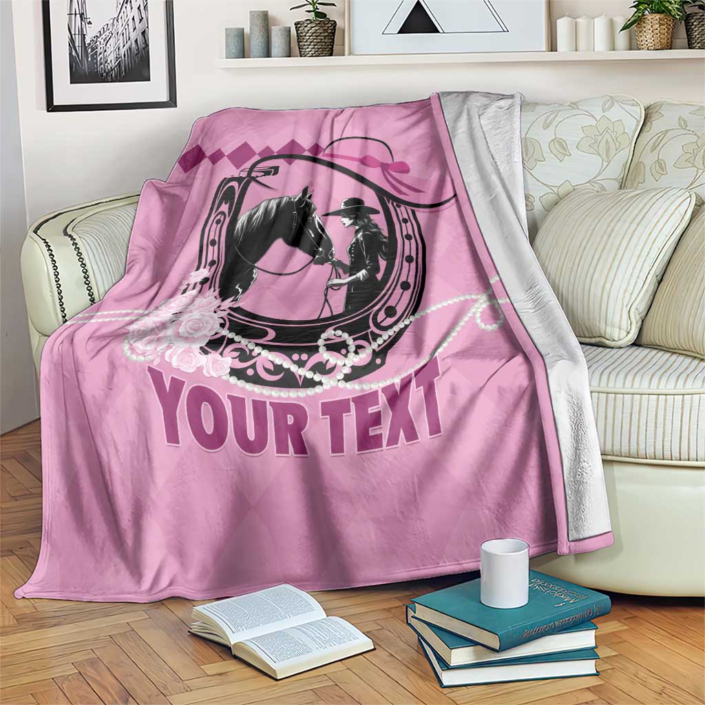 Pink horse-themed fleece blanket with black horse art and 'YOUR TEXT' print