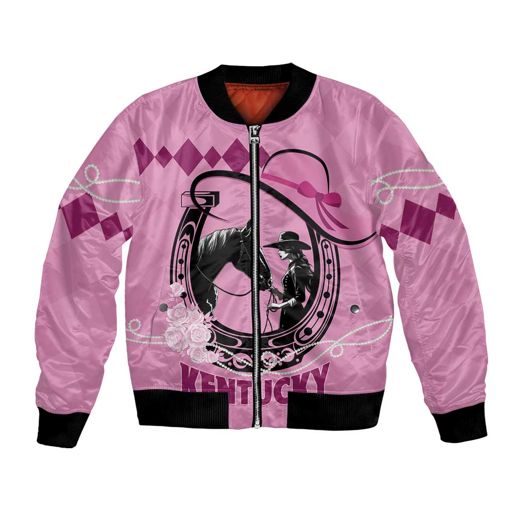 Pink unisex bomber jacket with front zipper, black ribbed hem, horse graphic on front