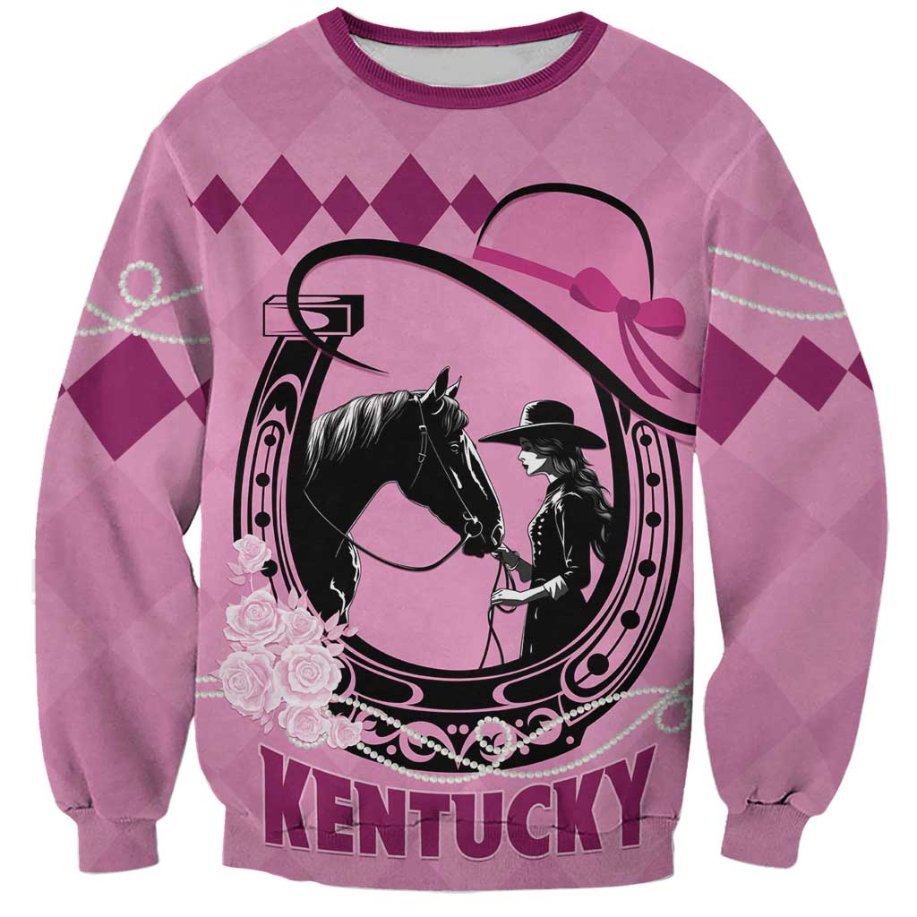 Pink horse racing sweatshirt, front graphic with rider, horse, roses, and KENTUCKY text