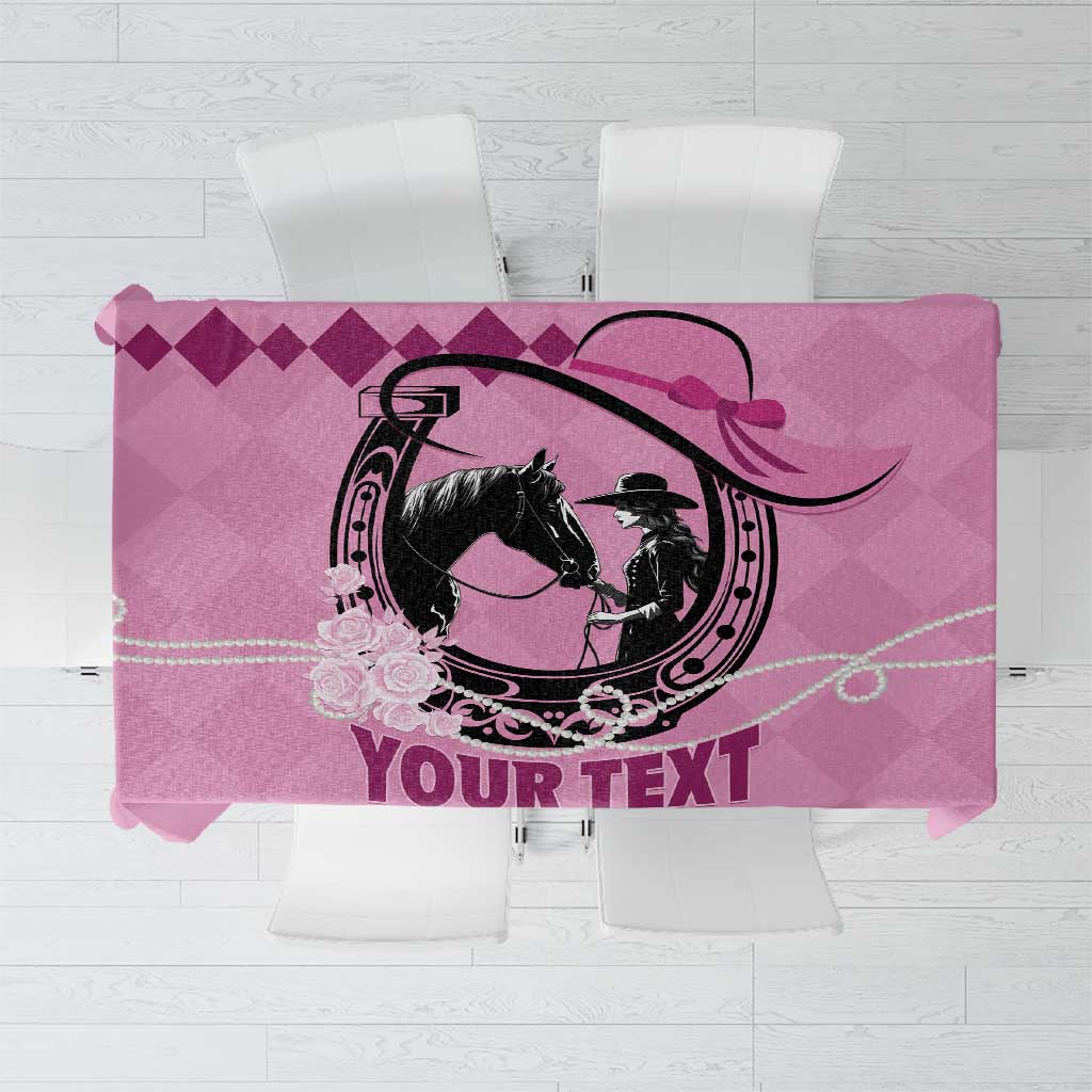 Pink personalized tablecloth with black horse graphic and 'Your Text' lettering.
