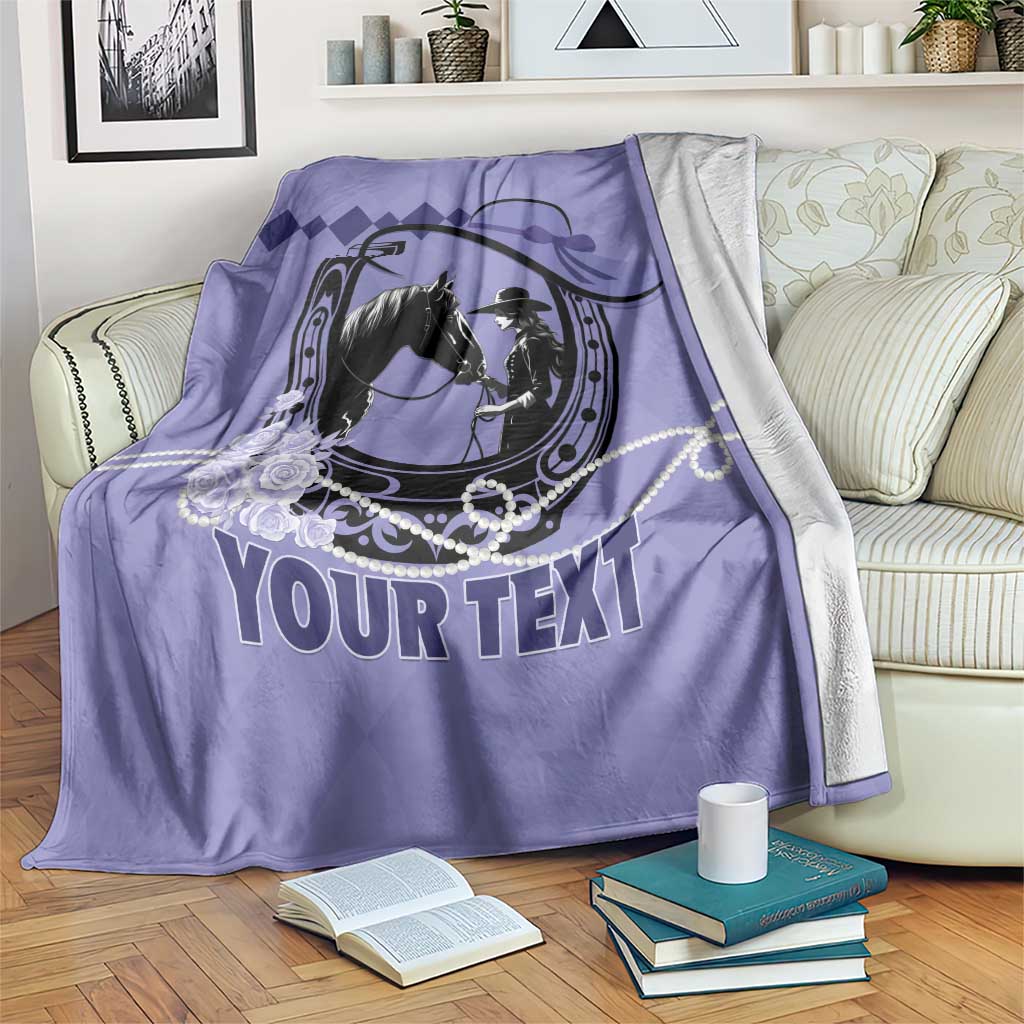 Purple horse blanket draped on couch, black horse scene with 'YOUR TEXT'