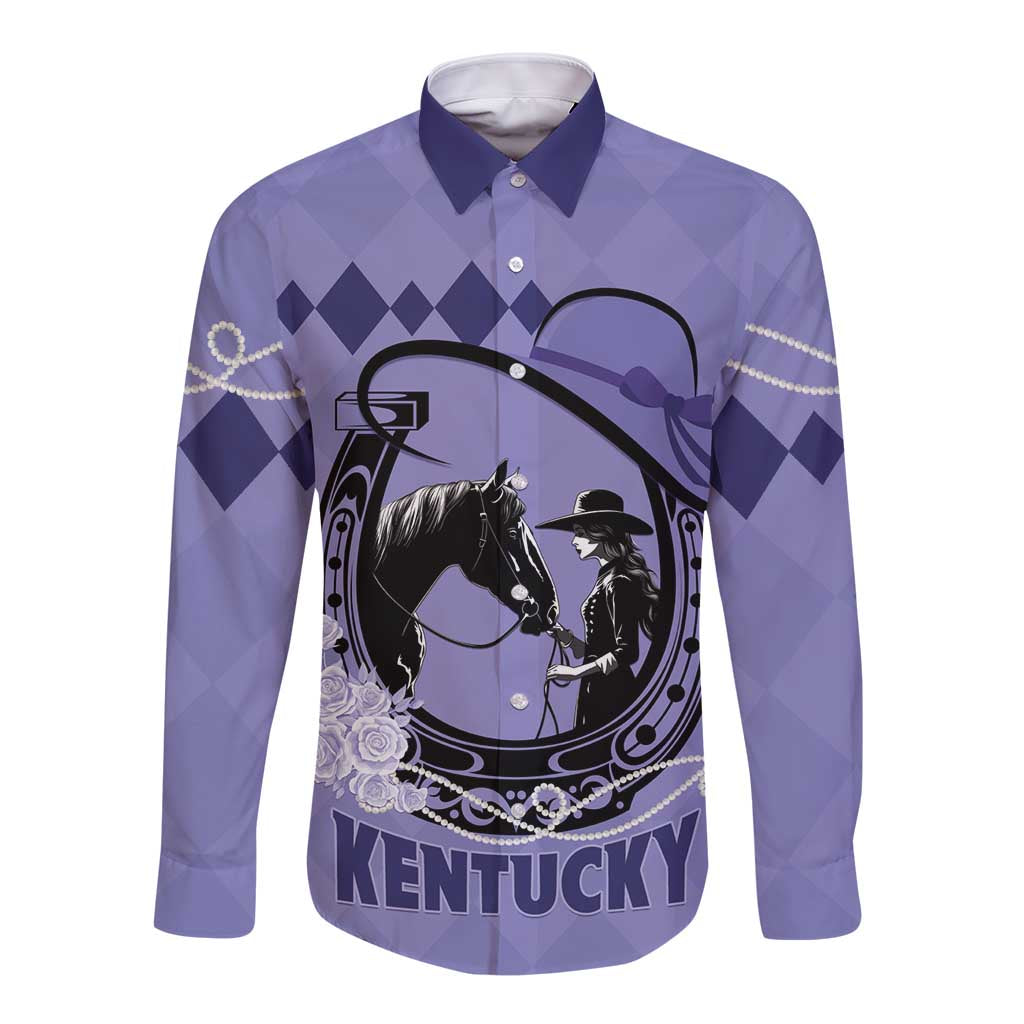 Purple long-sleeve button shirt with horse and rider graphic and KENTUCKY text