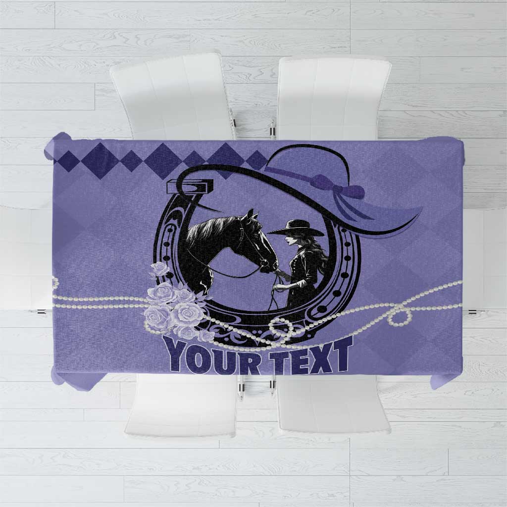 Purple personalized tablecloth with black horse and ornate oval race graphic, text banner.