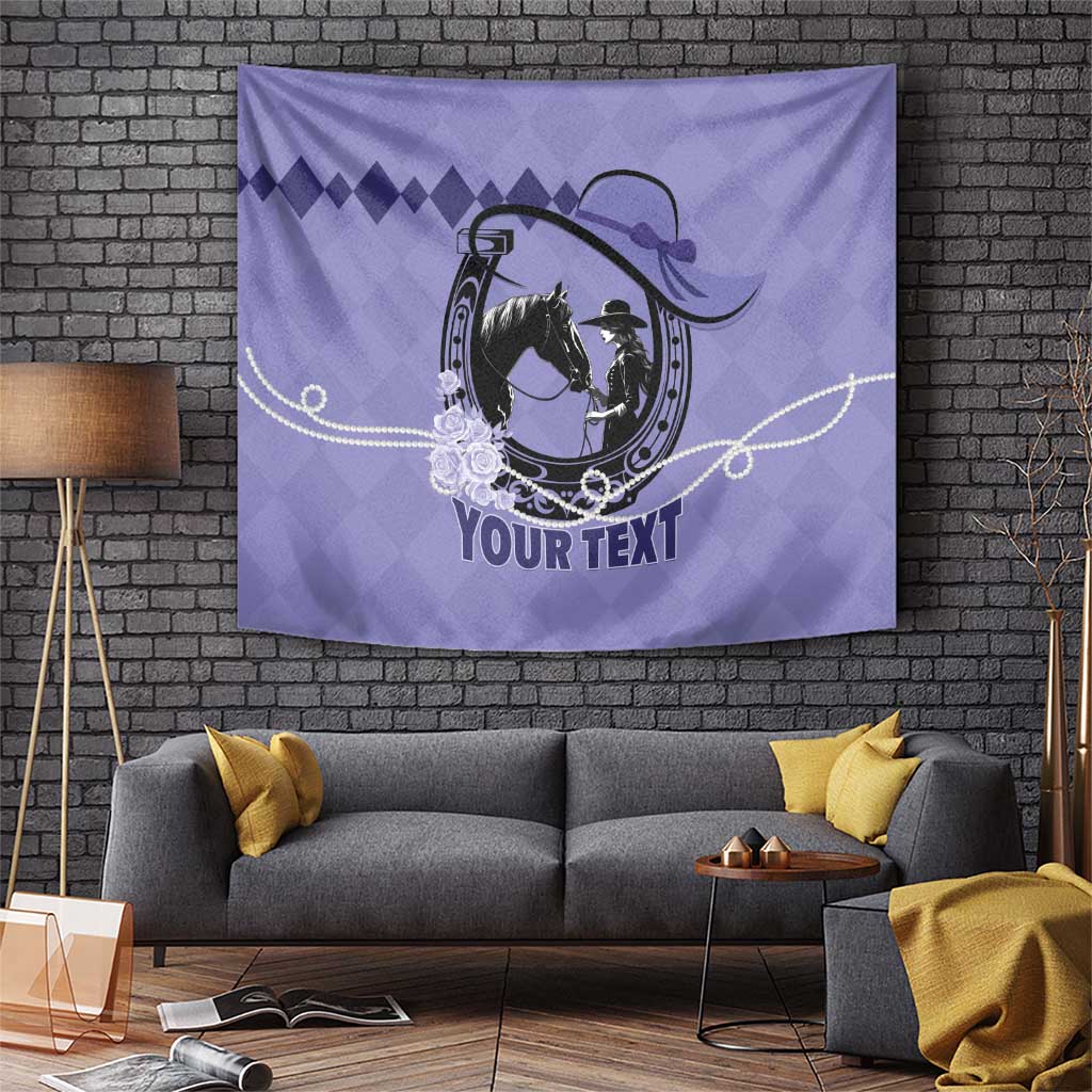 Purple horse racing wall tapestry with black horse and rider silhouette in oval ornament and flowers
