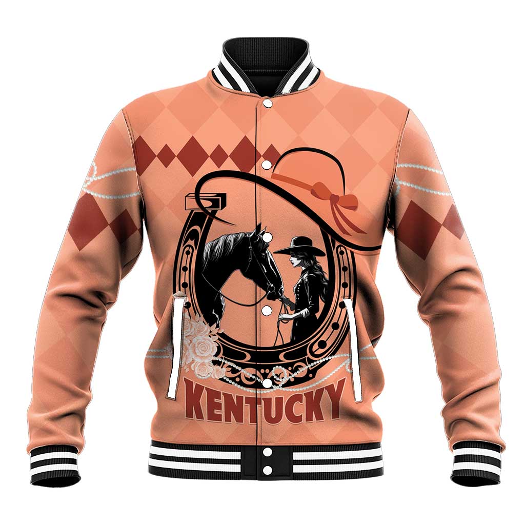 Orange baseball jacket with black button front, striped collar/cuffs, horse graphic, KENTUCKY