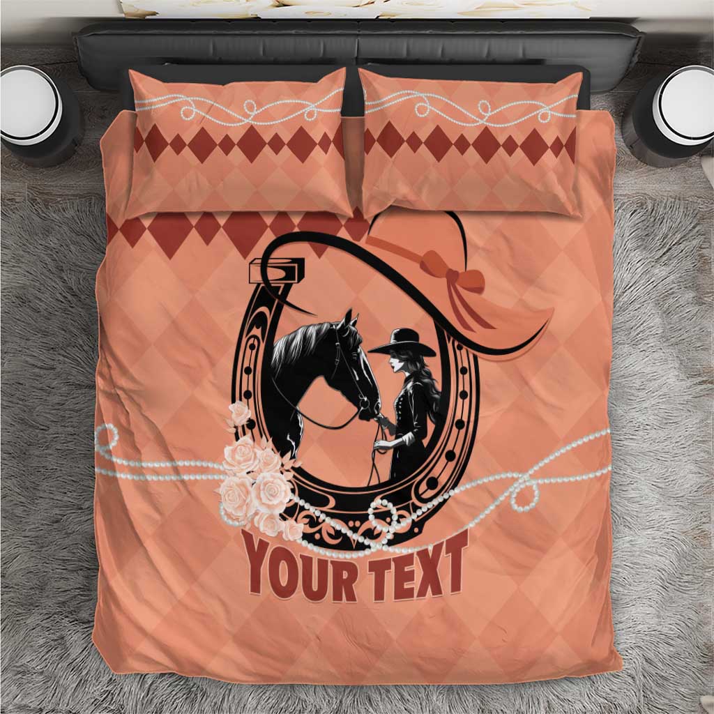 Orange bedding set top view with black horse portrait, 'Your Text', and two diamond-pattern pillows