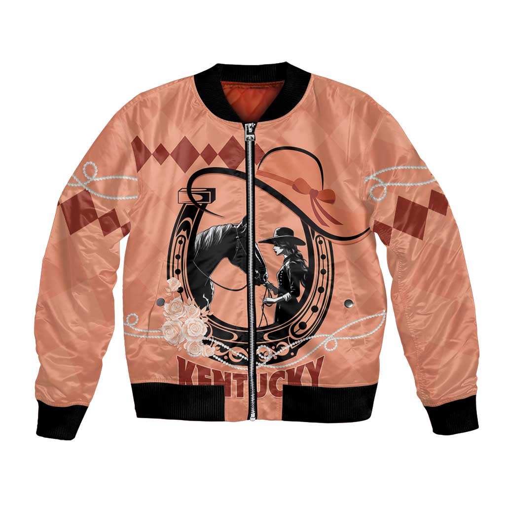 Light pink satin bomber jacket with black ribbed trim, full-zip front, horse graphic