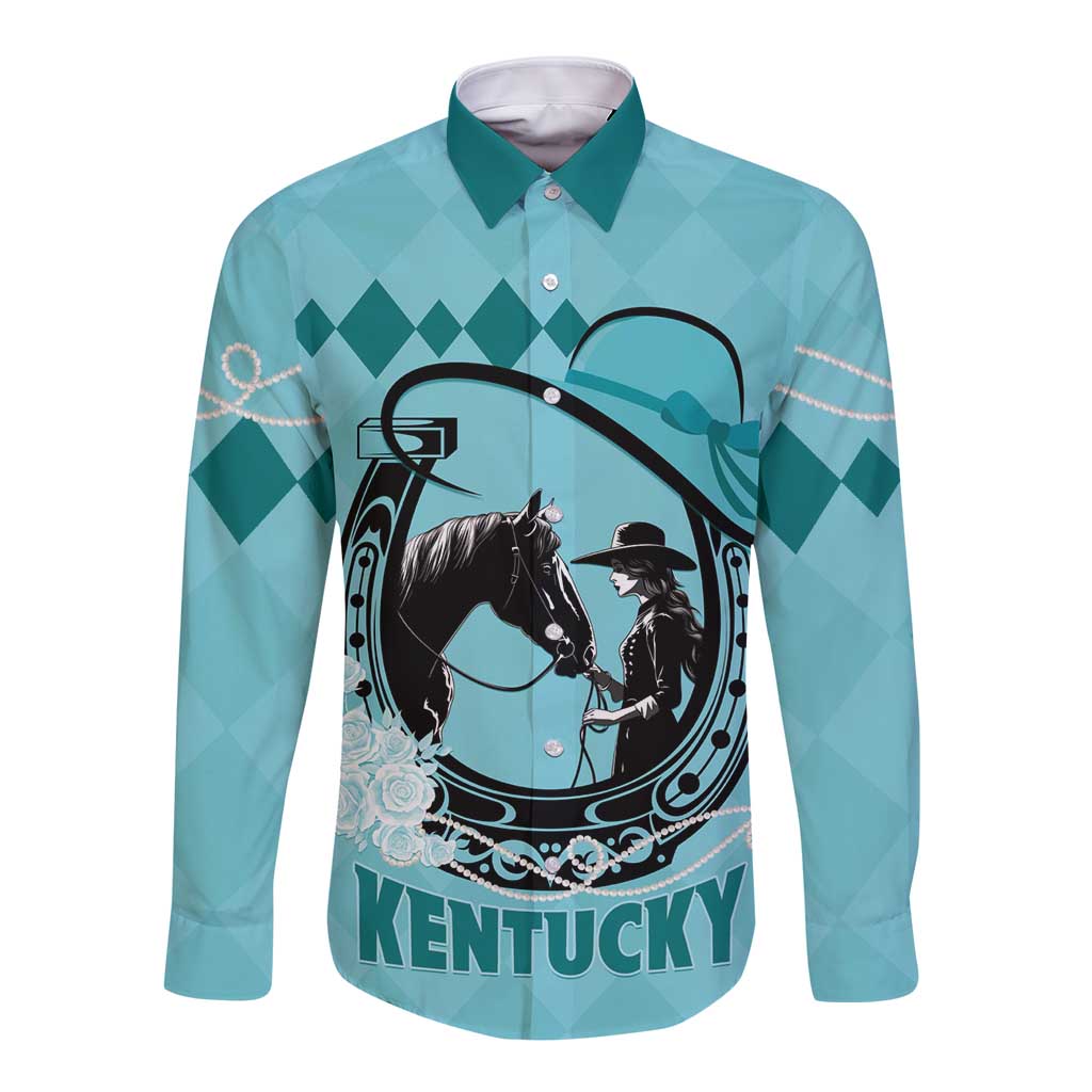 Teal long-sleeve button shirt with horse rider graphic and Kentucky print