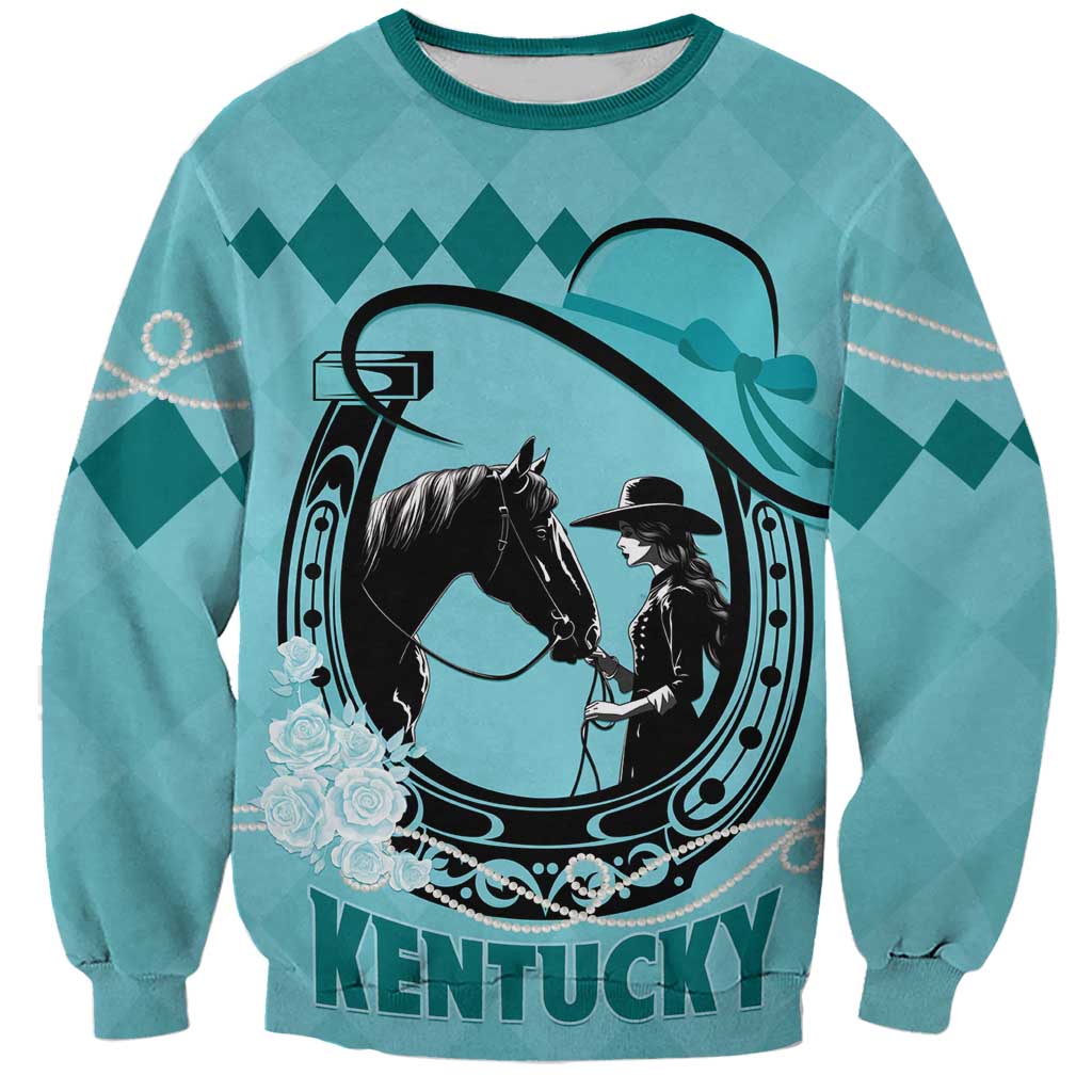 Teal crewneck sweatshirt with horse and rider graphic and 'KENTUCKY' text