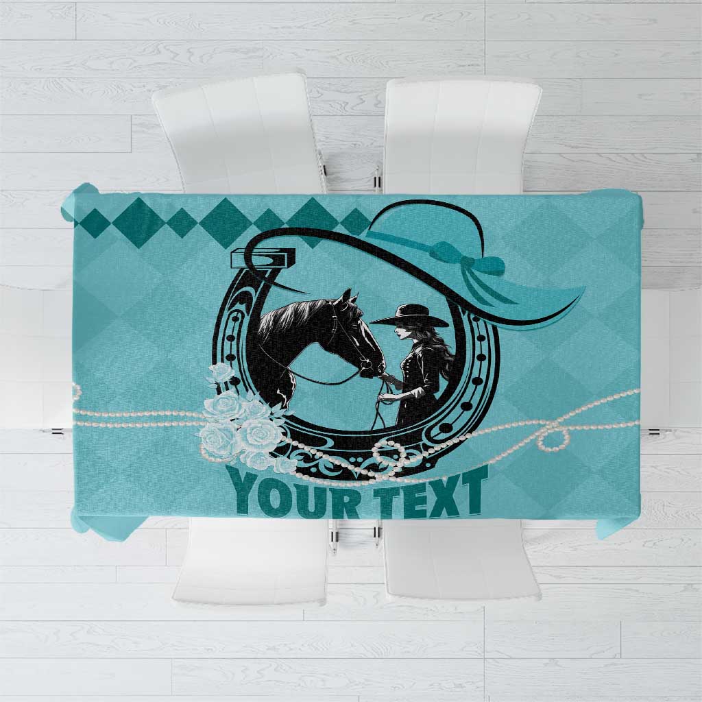 Teal personalized tablecloth with horse graphic and “YOUR TEXT” center panel