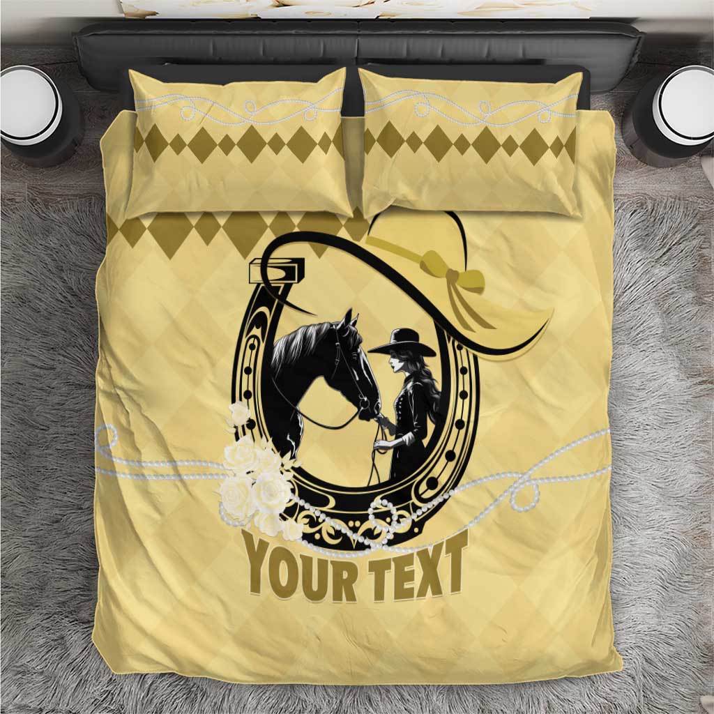 Yellow horse-themed bedding set with two pillows and large 'YOUR TEXT' print