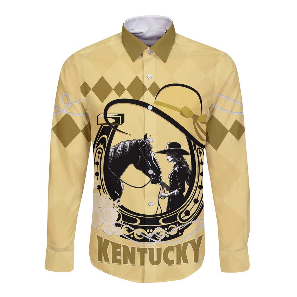 Yellow long-sleeve button shirt with diamond pattern and horse/cowboy graphic, KENTUCKY text
