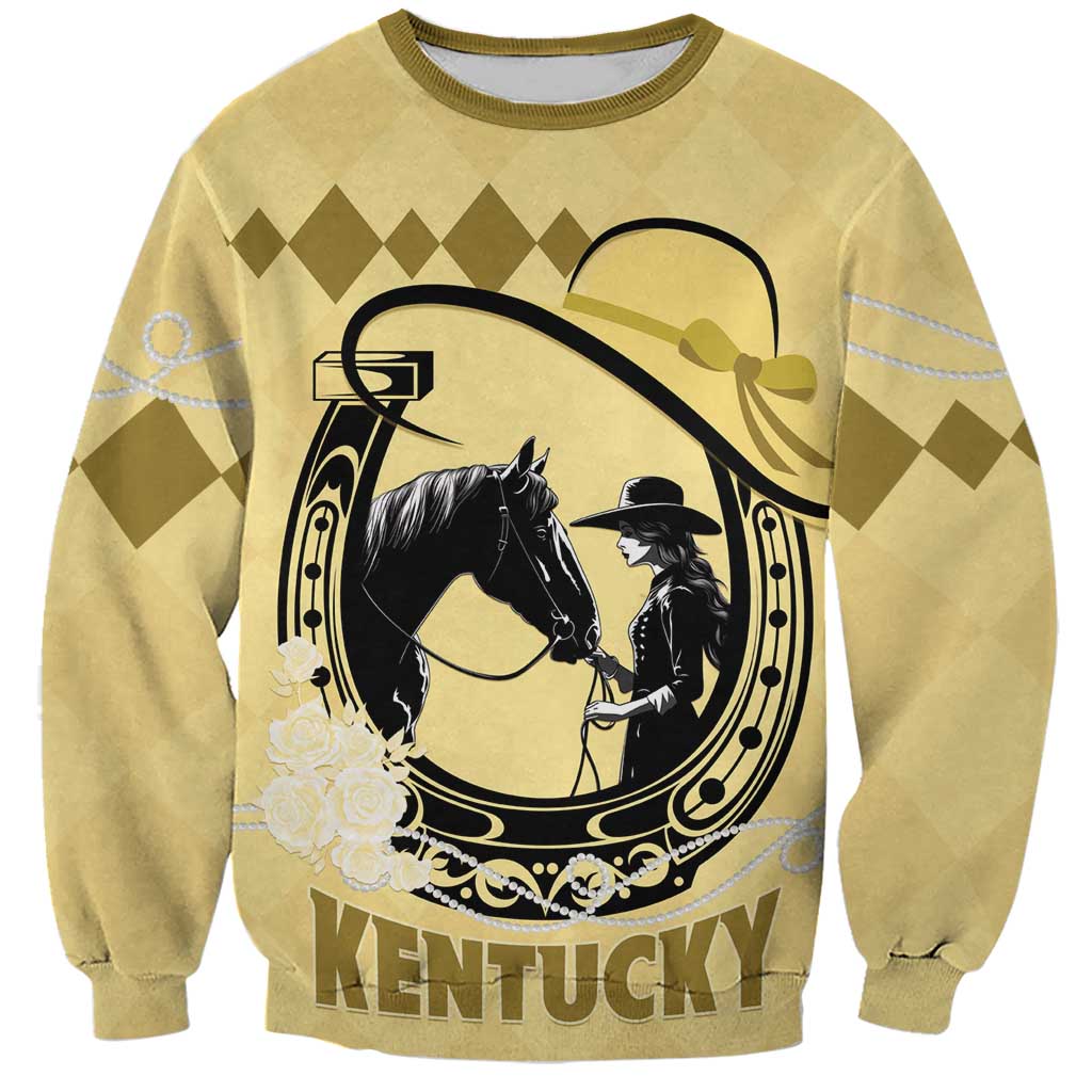 Yellow horse racing sweatshirt with horse-and-rider graphic and KENTUCKY lettering
