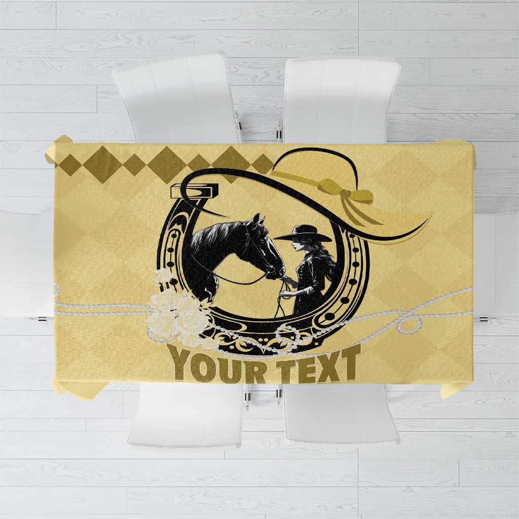Yellow personalized tablecloth with black horse graphic and placeholder text