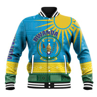 Blue varsity baseball jacket with Rwanda crest front, patterned trim and striped cuffs