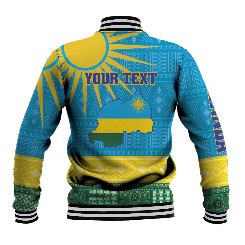 Blue varsity baseball jacket, back graphic of Rwanda map with yellow-green pattern and striped hem