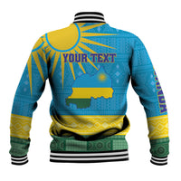 Blue varsity baseball jacket, back graphic of Rwanda map with yellow-green pattern and striped hem