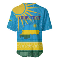 Personalized baseball jersey back with Rwanda map and sun graphic, blue/yellow/green pattern
