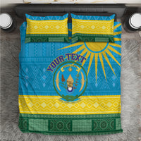Blue Rwanda bedding set with coat of arms, African geometric pattern, matching pillow shams