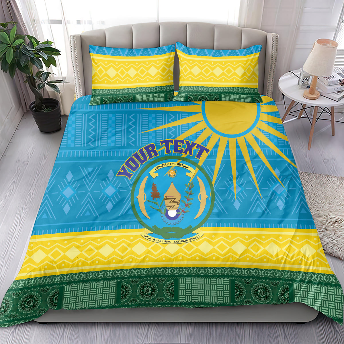Blue Rwanda bedding set featuring Rwanda coat of arms and African pattern, with two pillow shams