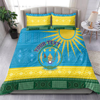 Blue Rwanda bedding set featuring Rwanda coat of arms and African pattern, with two pillow shams