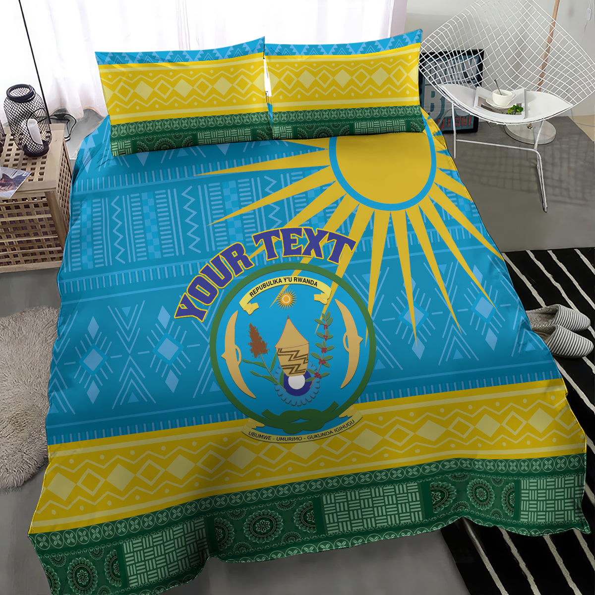 Blue Rwanda bedding set with coat of arms logo and African geometric stripes, with two pillows
