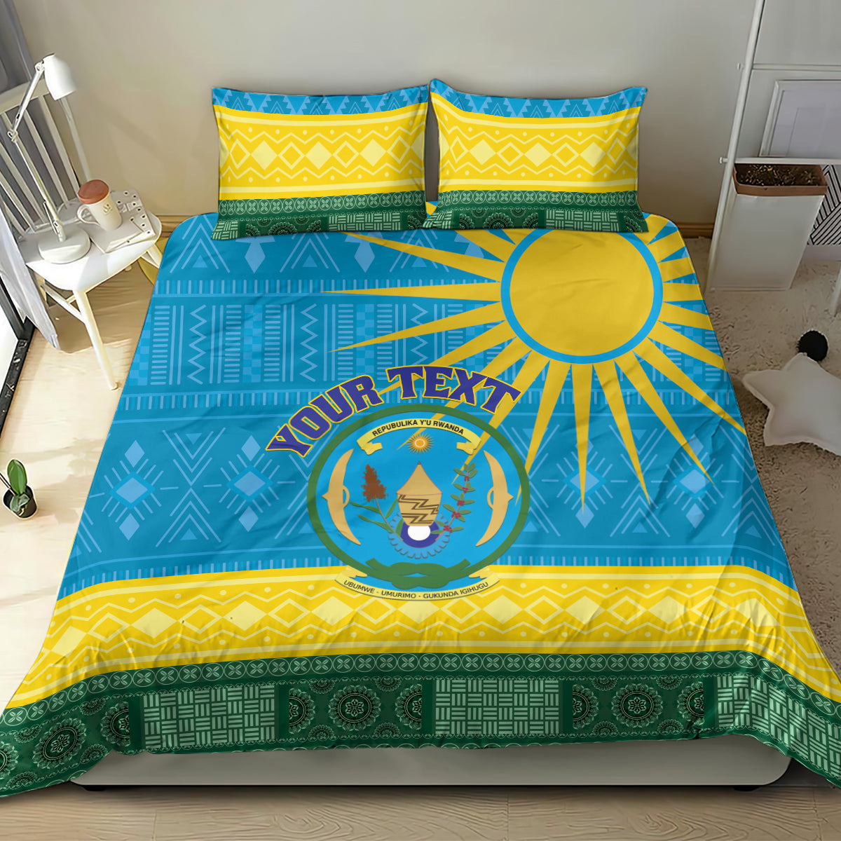 Blue Rwanda bedding set featuring coat of arms and African pattern border, styled with pillows