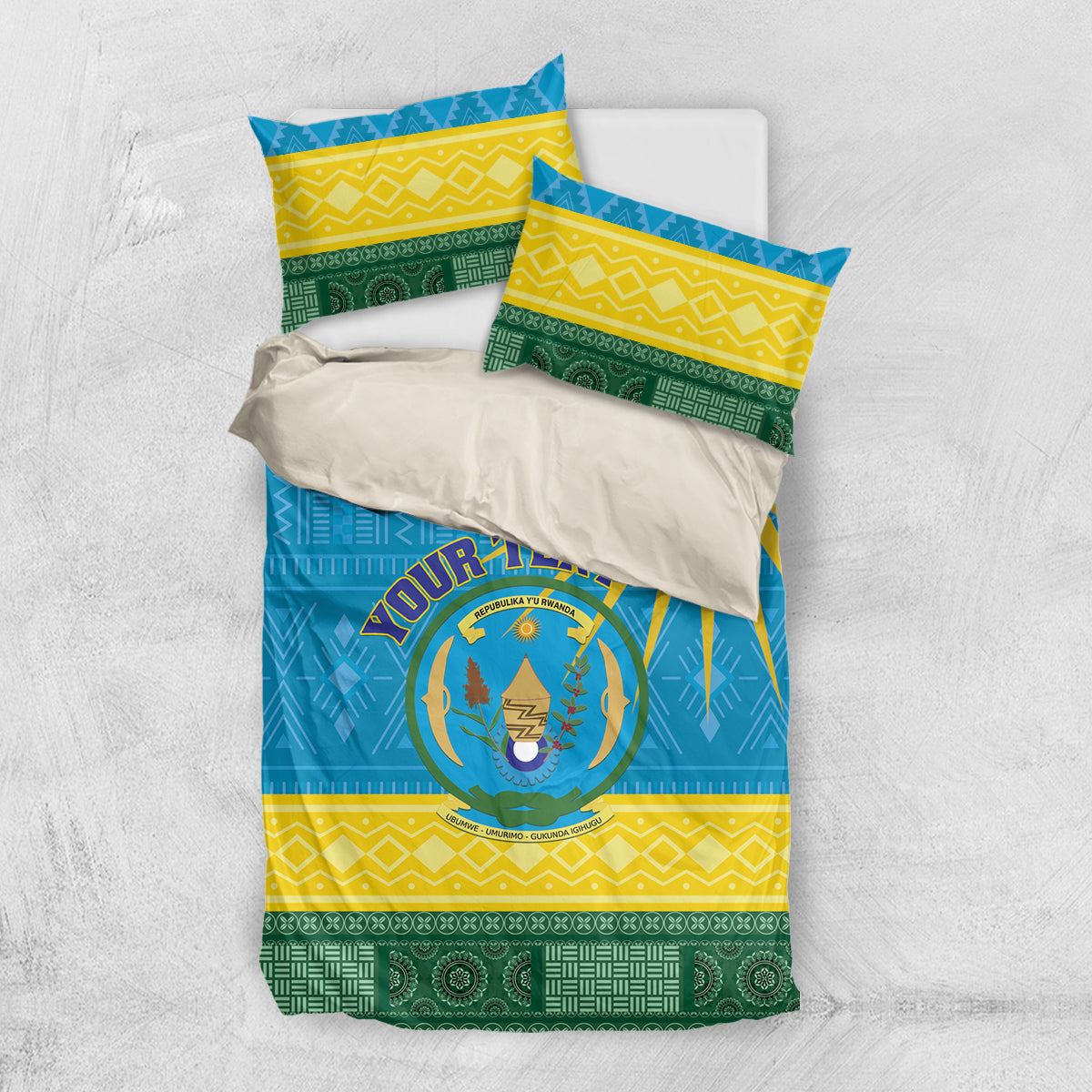 Rwanda bedding set in blue with coat of arms emblem and African geometric pattern, with pillowcases