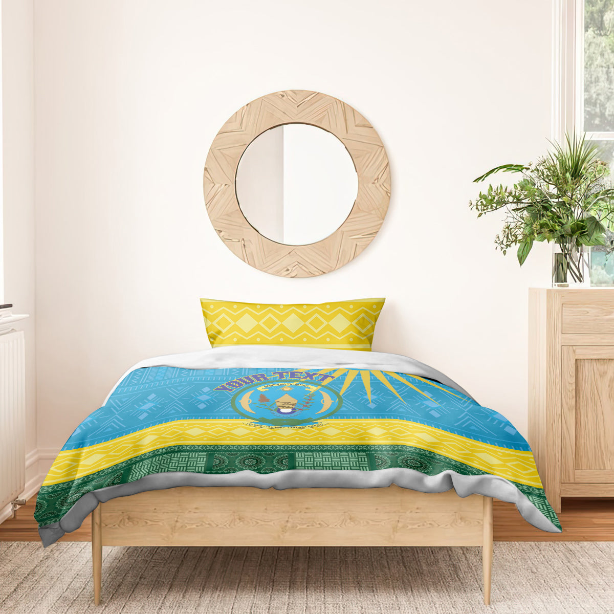 Blue Rwanda bedding set with coat of arms center print and African pattern, shown on a bed