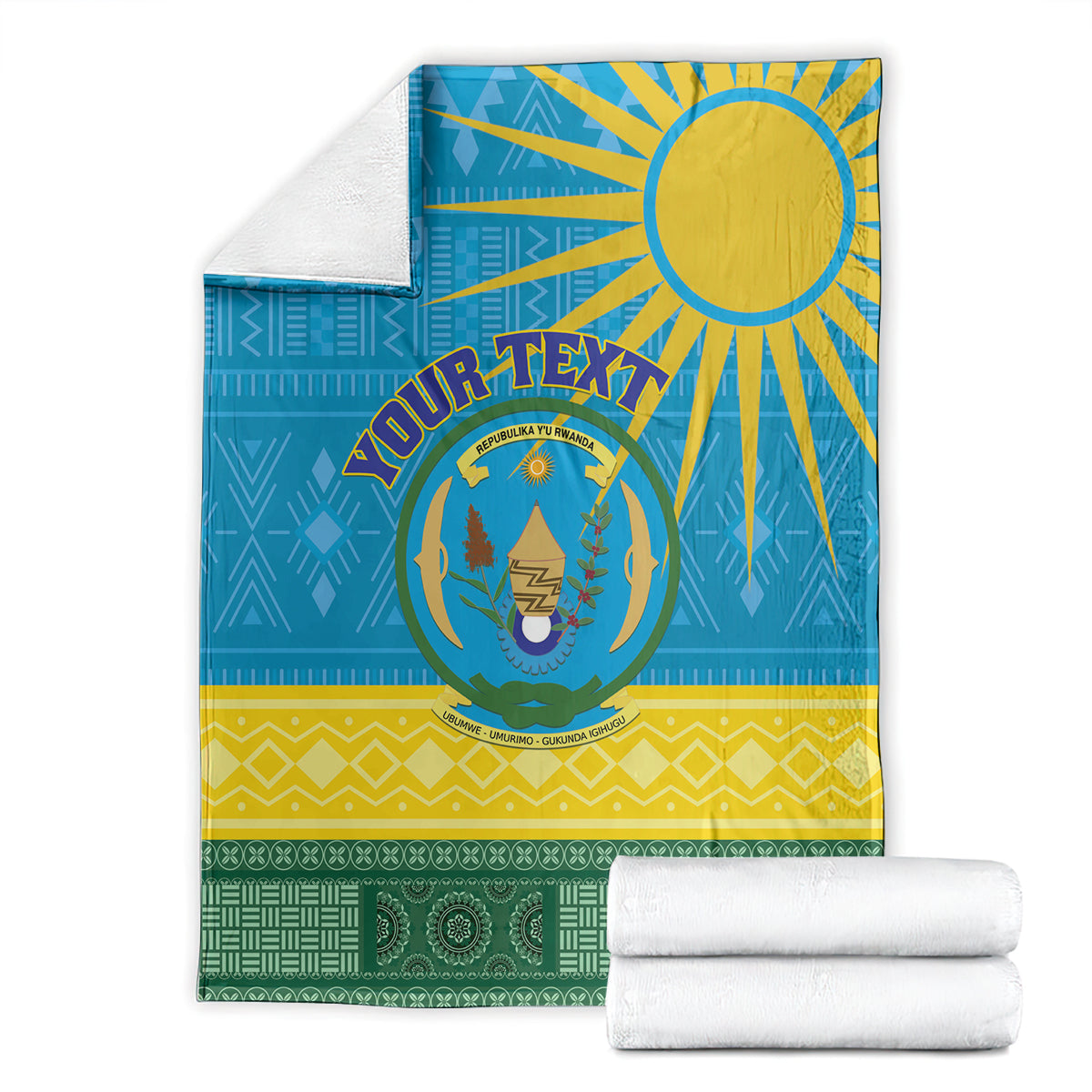 Folded Rwanda crest blanket in blue, yellow, and green with sunburst and geometric border