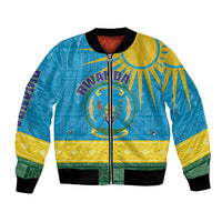 Blue bomber jacket with Rwanda coat of arms and geometric African pattern, full zip