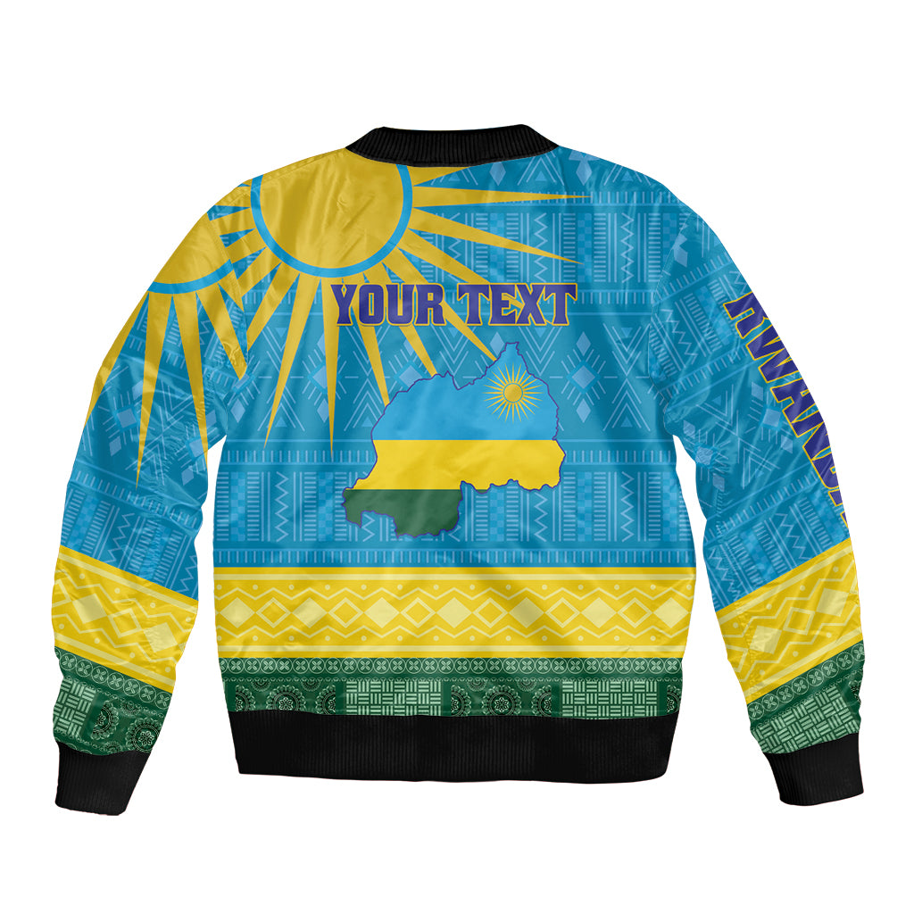 Blue bomber jacket with Rwanda map, crest and geometric African pattern, ribbed hem
