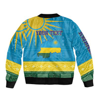 Blue bomber jacket with Rwanda map, crest and geometric African pattern, ribbed hem