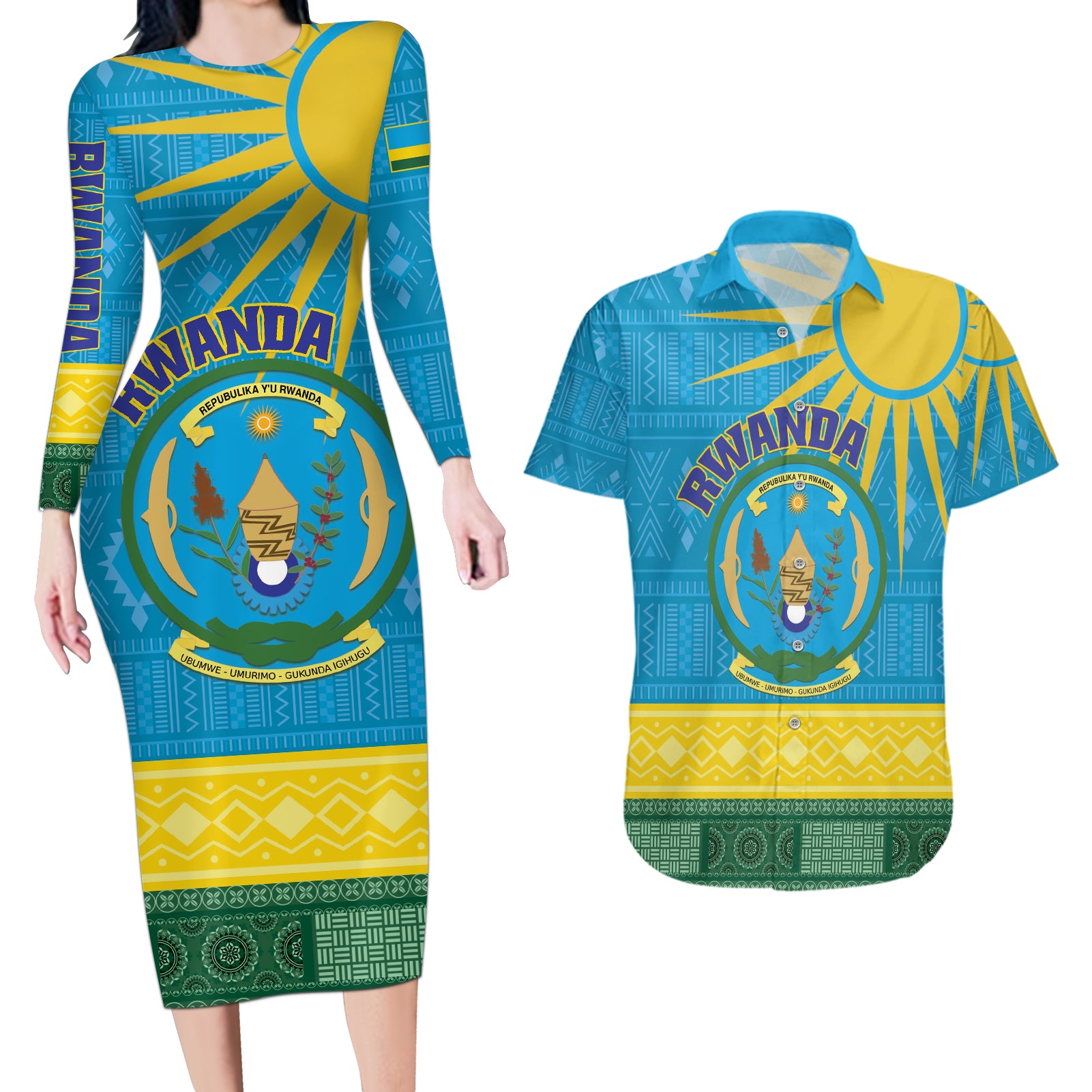 Personalized Rwanda Couples Matching Long Sleeve Bodycon Dress and Hawaiian Shirt Coat of Arms With African Pattern - Wonder Print Shop