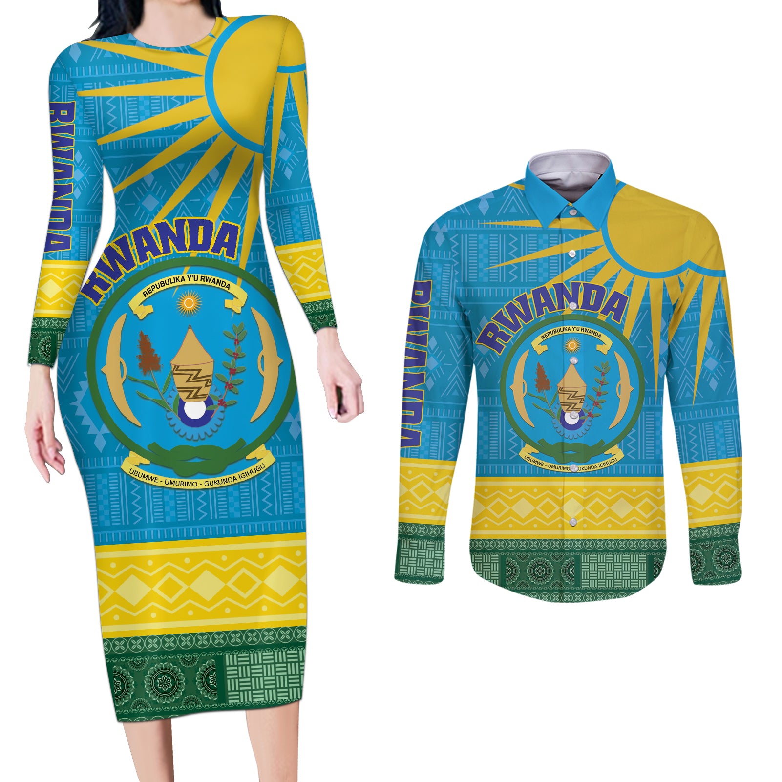 Personalized Rwanda Couples Matching Long Sleeve Bodycon Dress and Long Sleeve Button Shirt Coat of Arms With African Pattern - Wonder Print Shop