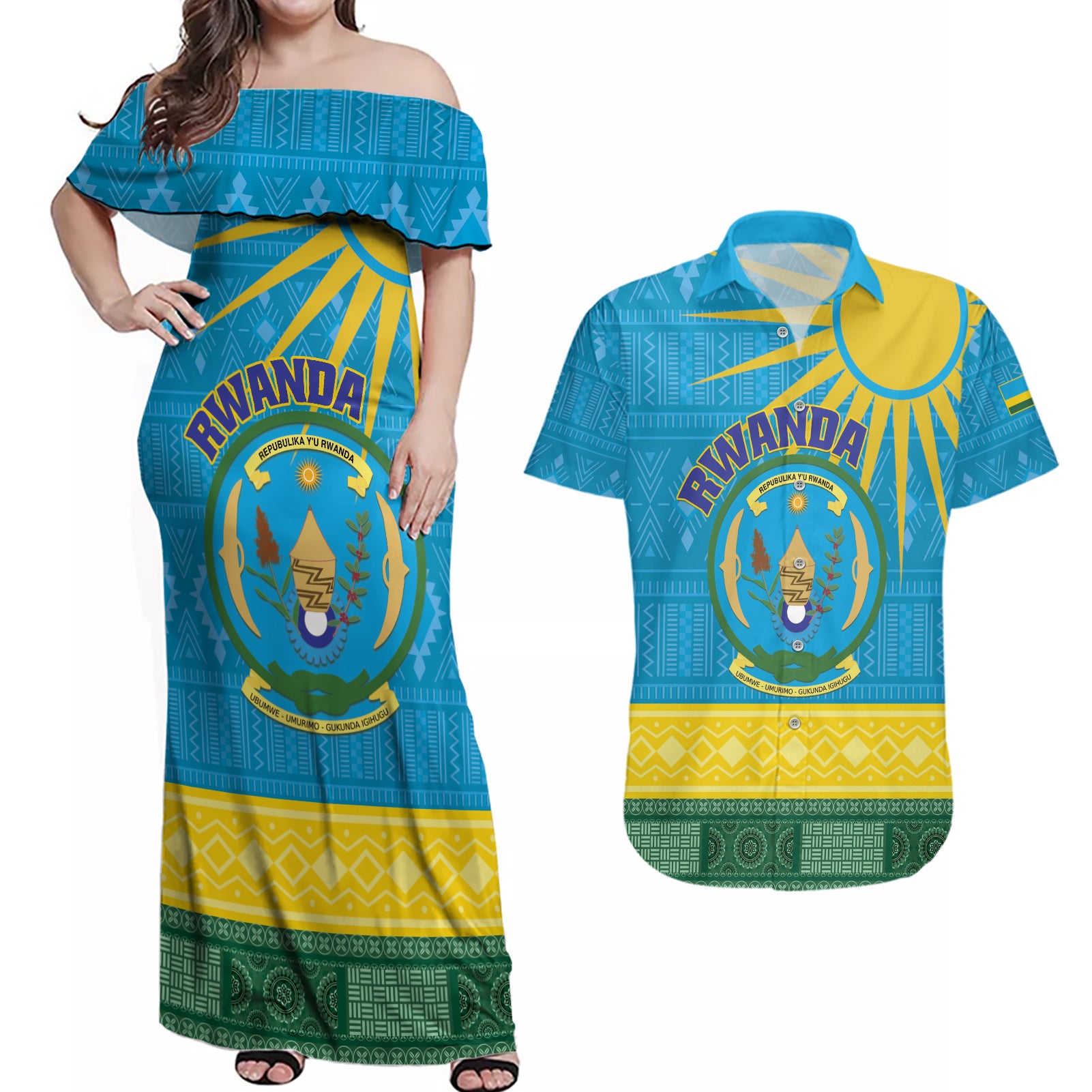 Personalized Rwanda Couples Matching Off Shoulder Maxi Dress and Hawaiian Shirt Coat of Arms With African Pattern - Wonder Print Shop