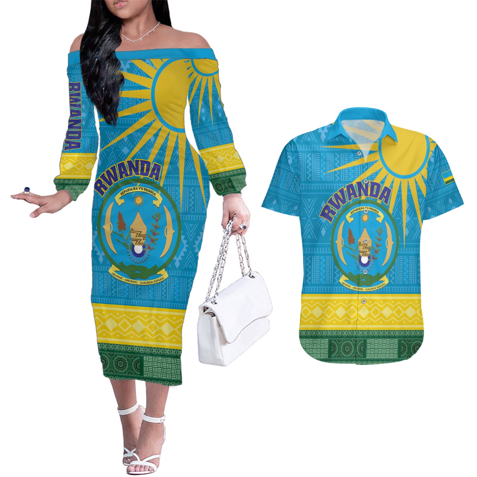 Personalized Rwanda Couples Matching Off The Shoulder Long Sleeve Dress and Hawaiian Shirt Coat of Arms With African Pattern - Wonder Print Shop