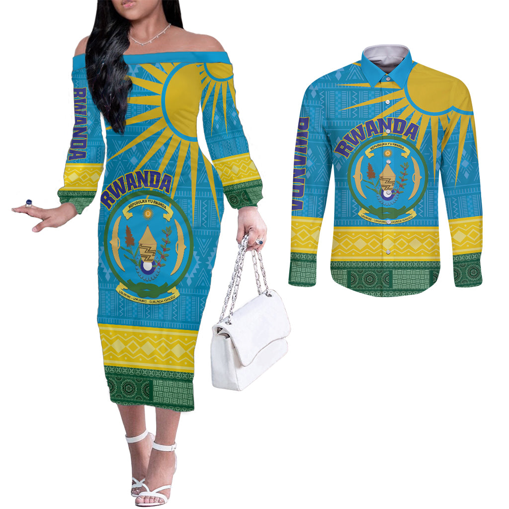 Personalized Rwanda Couples Matching Off The Shoulder Long Sleeve Dress and Long Sleeve Button Shirt Coat of Arms With African Pattern