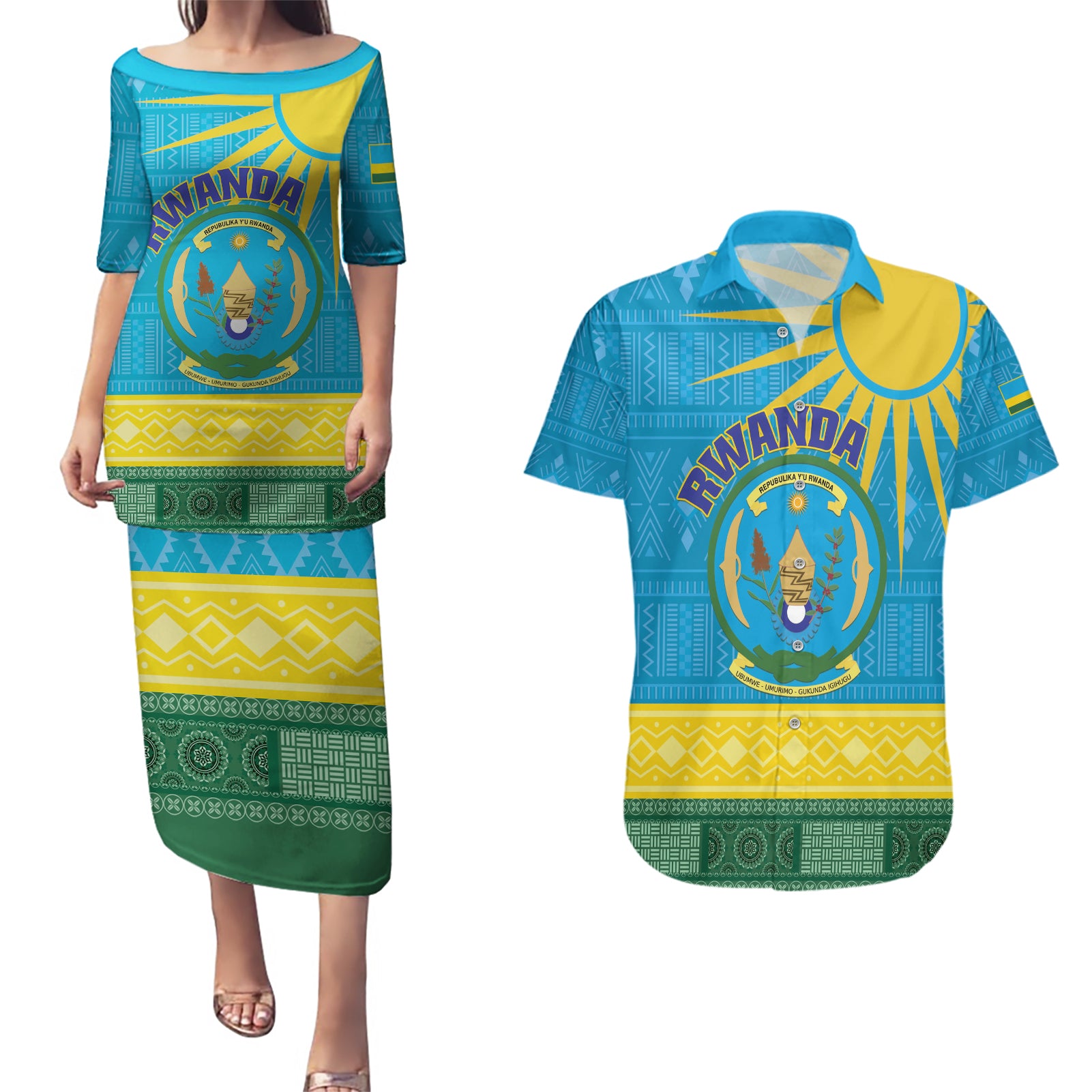 Personalized Rwanda Couples Matching Puletasi and Hawaiian Shirt Coat of Arms With African Pattern - Wonder Print Shop