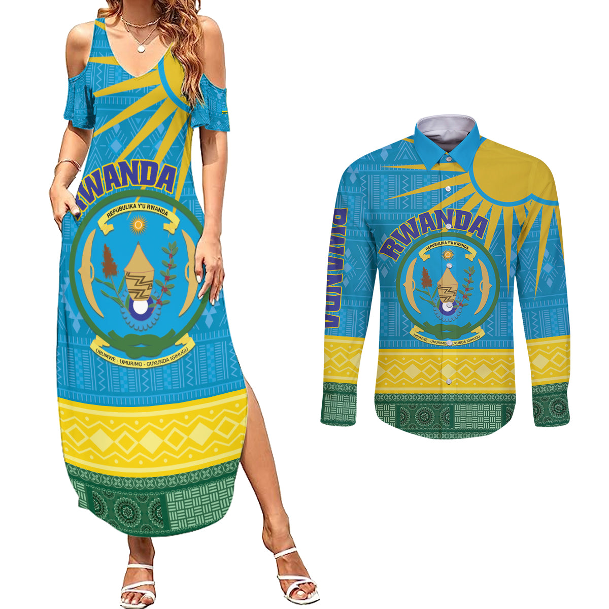 Personalized Rwanda Couples Matching Summer Maxi Dress and Long Sleeve Button Shirt Coat of Arms With African Pattern - Wonder Print Shop