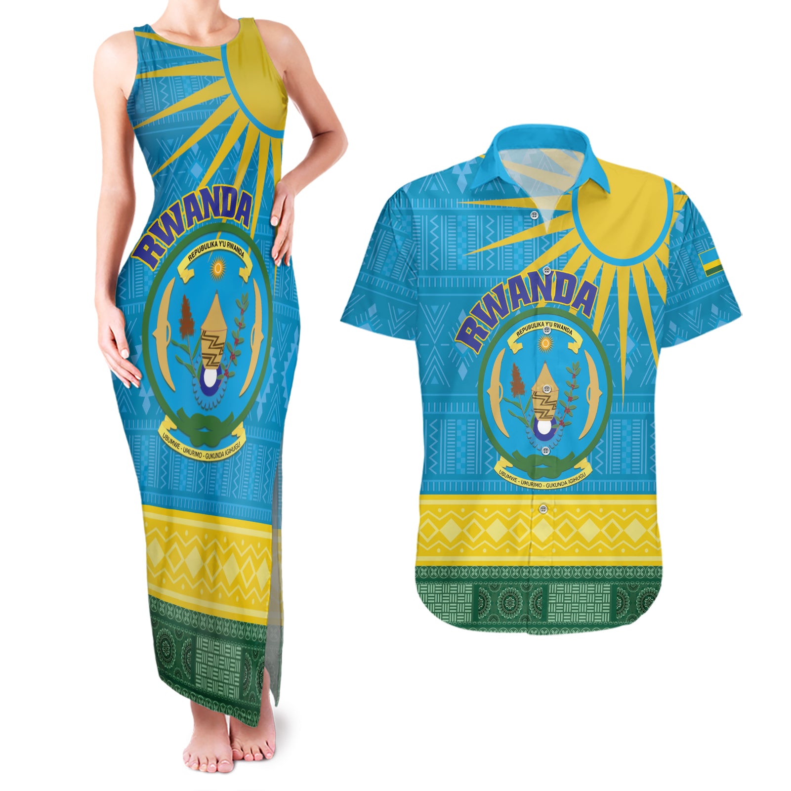 Personalized Rwanda Couples Matching Tank Maxi Dress and Hawaiian Shirt Coat of Arms With African Pattern - Wonder Print Shop