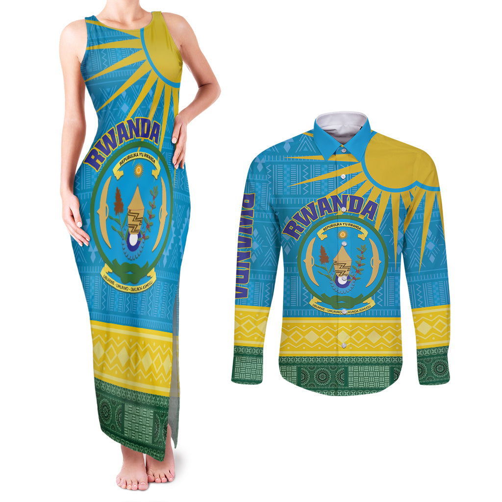 Personalized Rwanda Couples Matching Tank Maxi Dress and Long Sleeve Button Shirt Coat of Arms With African Pattern - Wonder Print Shop