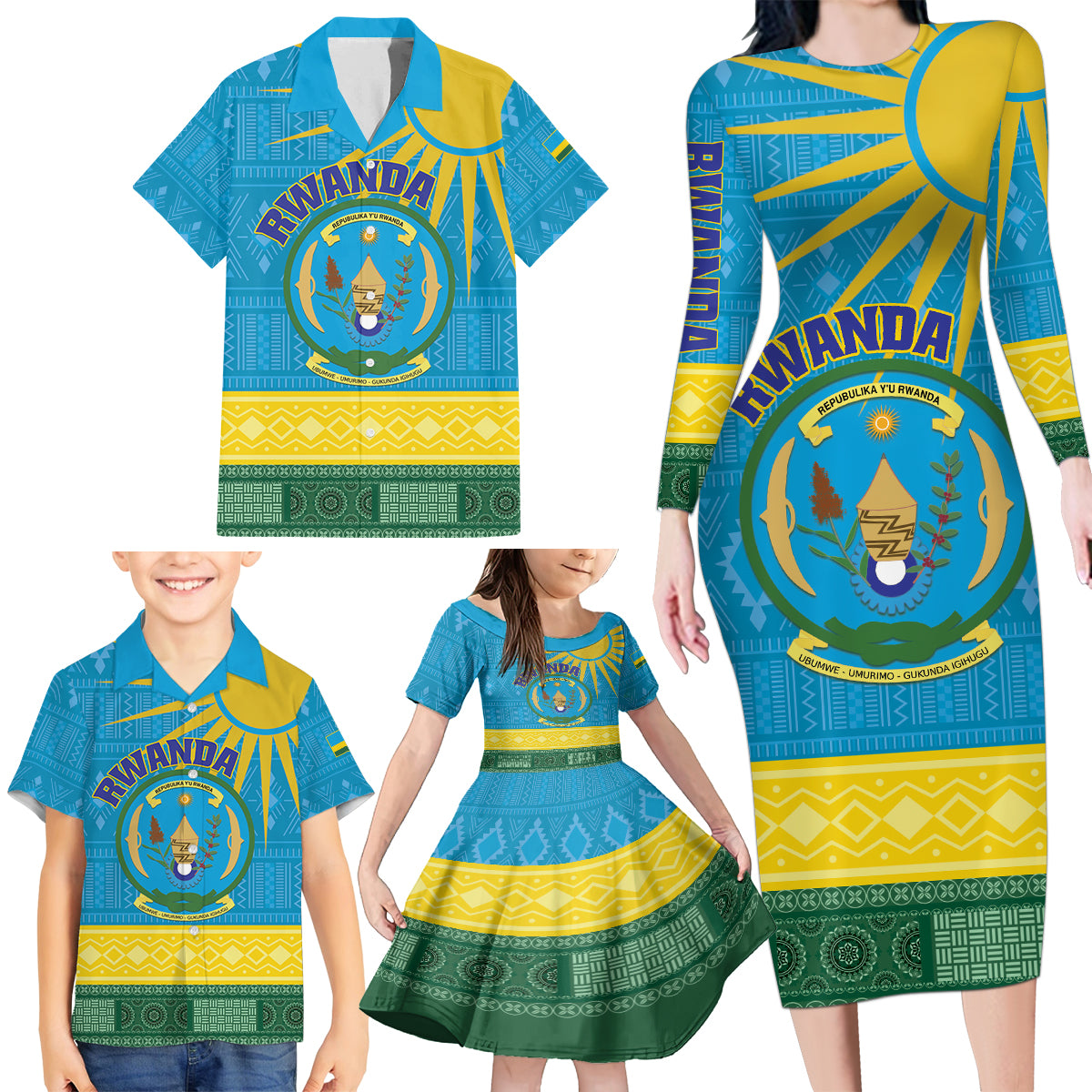 Personalized Rwanda Family Matching Long Sleeve Bodycon Dress and Hawaiian Shirt Coat of Arms With African Pattern - Wonder Print Shop