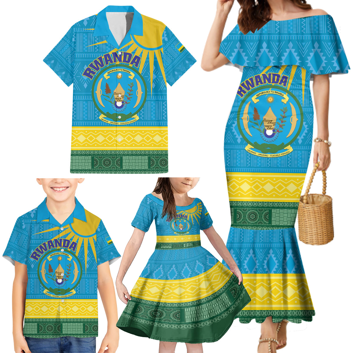 Personalized Rwanda Family Matching Mermaid Dress and Hawaiian Shirt Coat of Arms With African Pattern - Wonder Print Shop