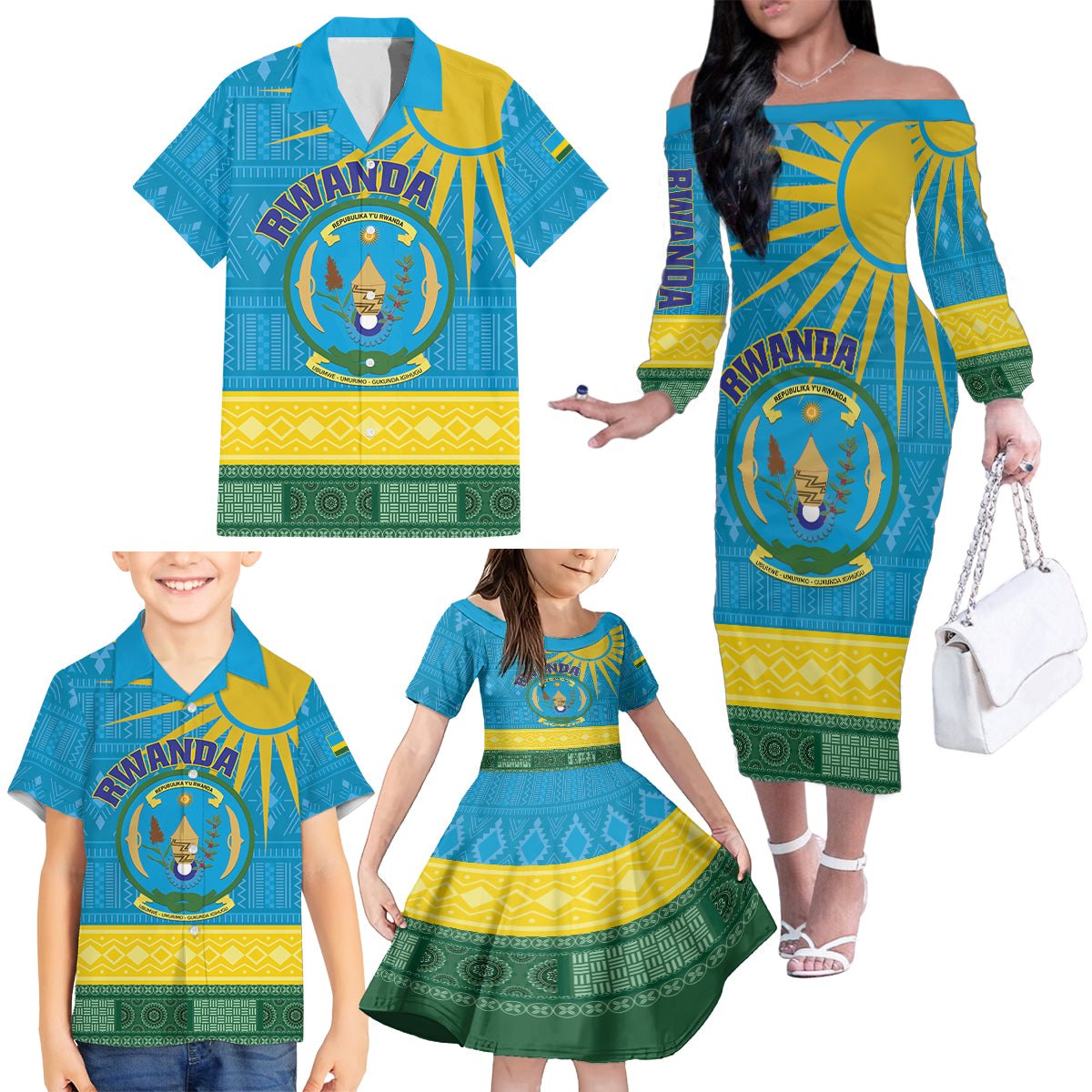 Personalized Rwanda Family Matching Off The Shoulder Long Sleeve Dress and Hawaiian Shirt Coat of Arms With African Pattern - Wonder Print Shop