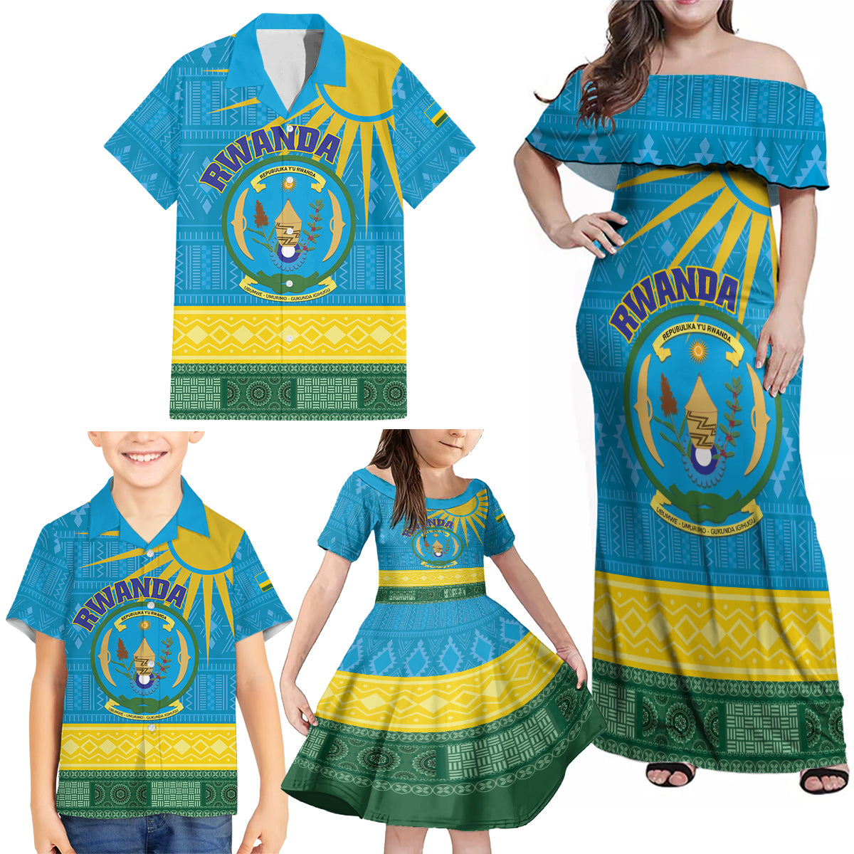 Personalized Rwanda Family Matching Off Shoulder Maxi Dress and Hawaiian Shirt Coat of Arms With African Pattern - Wonder Print Shop