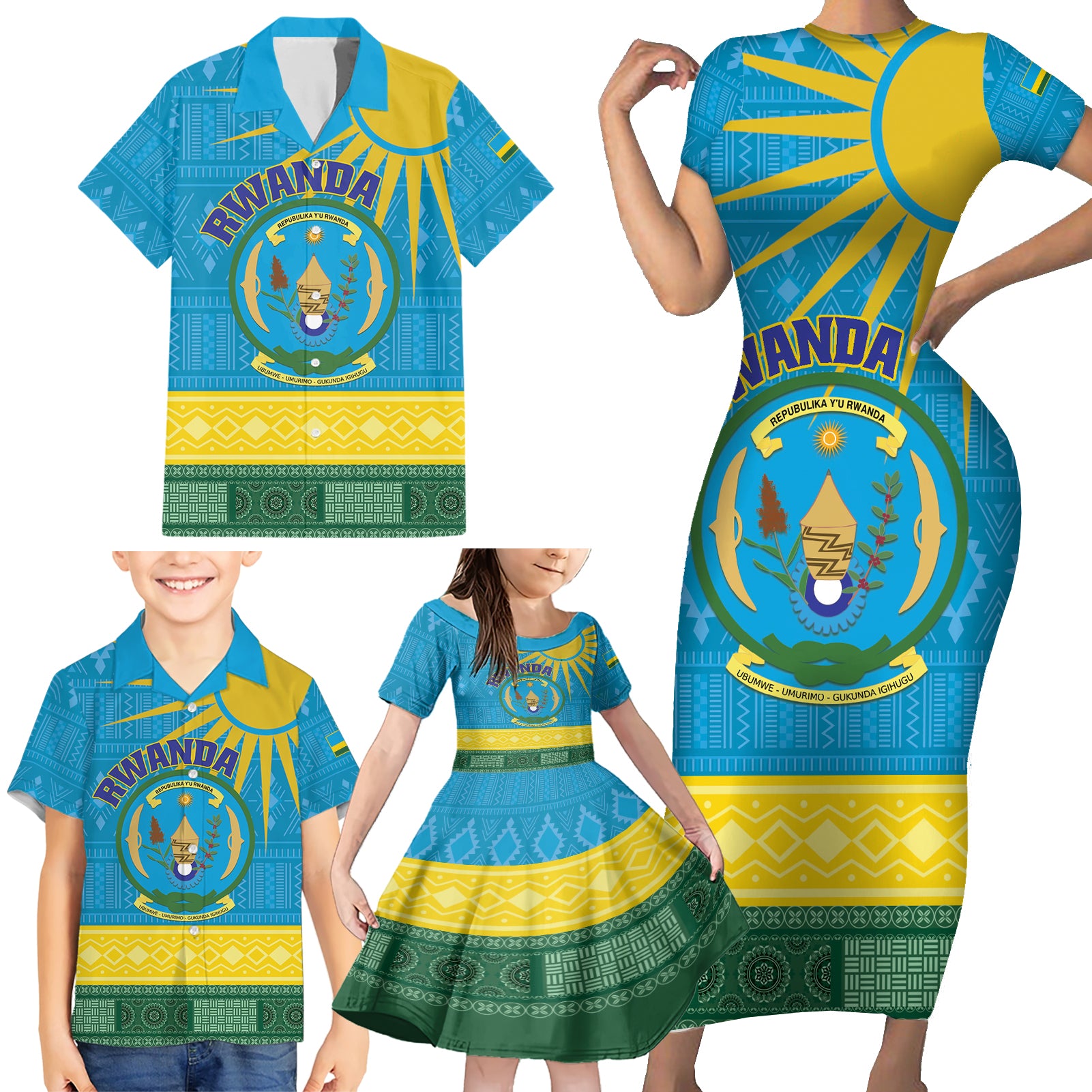 Personalized Rwanda Family Matching Short Sleeve Bodycon Dress and Hawaiian Shirt Coat of Arms With African Pattern - Wonder Print Shop