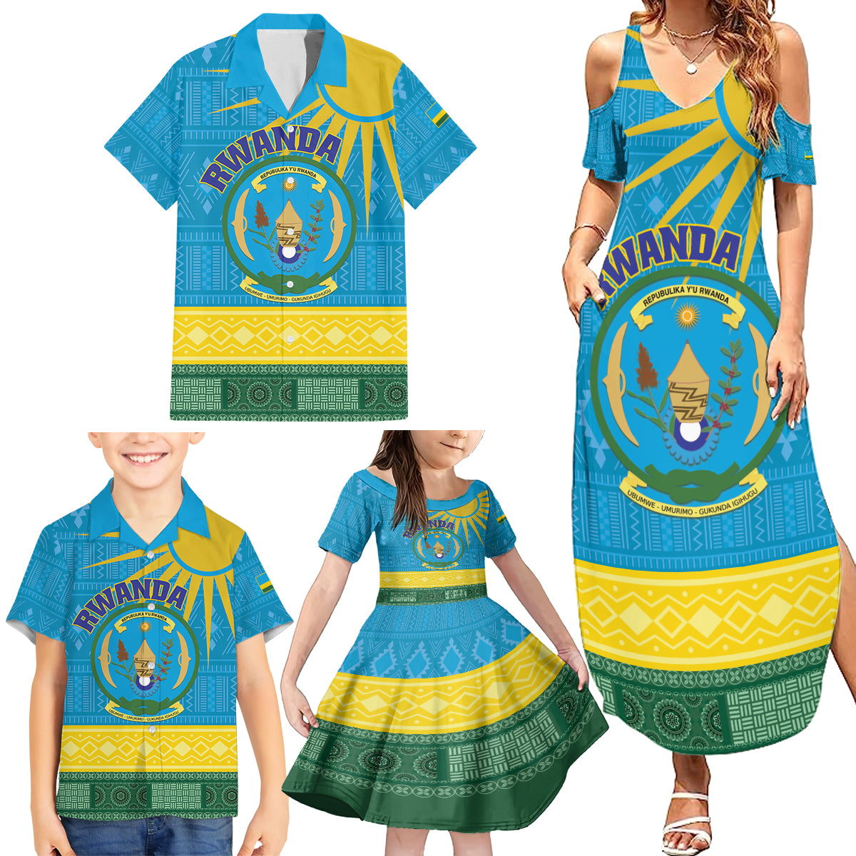 Personalized Rwanda Family Matching Summer Maxi Dress and Hawaiian Shirt Coat of Arms With African Pattern - Wonder Print Shop