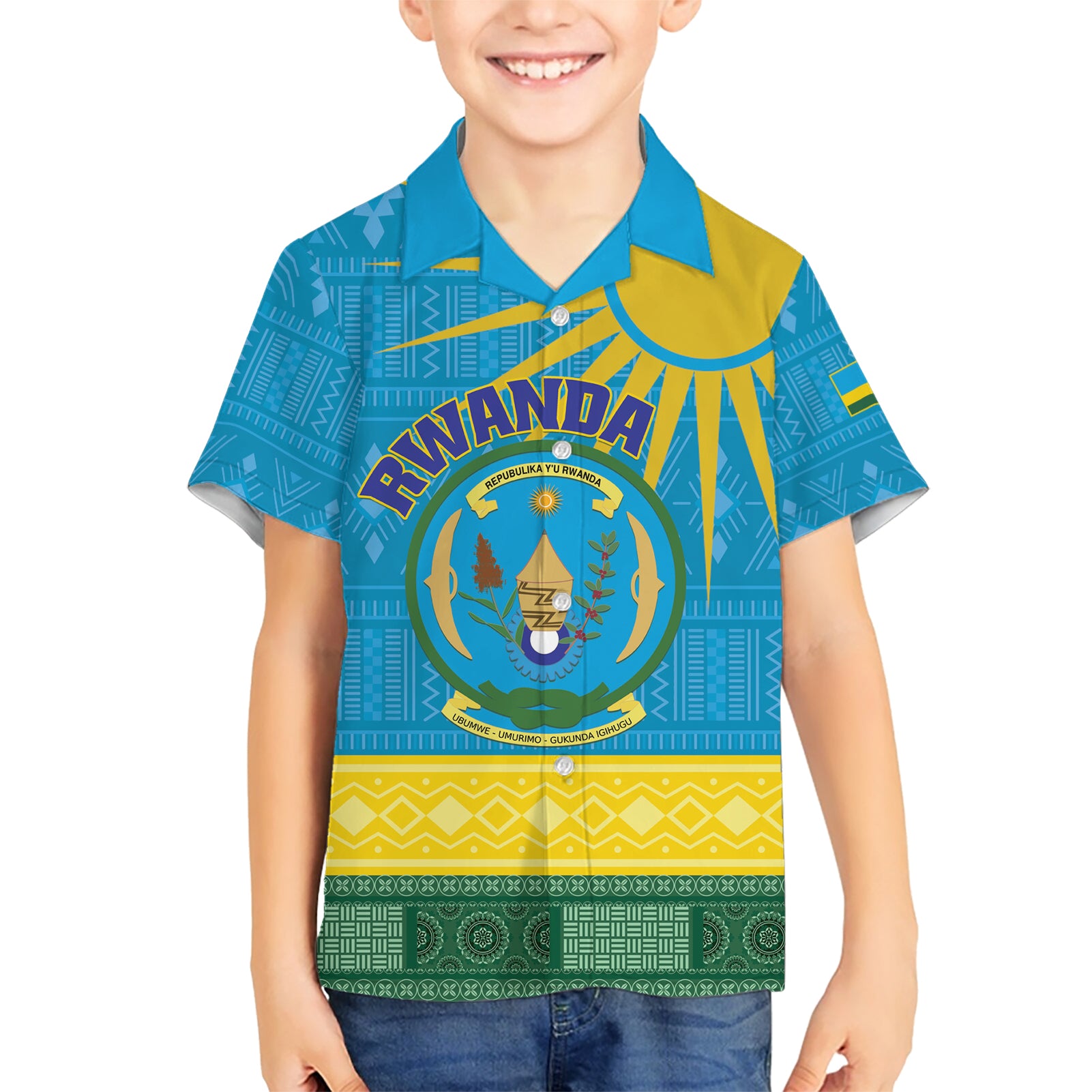 Personalized Rwanda Kid Hawaiian Shirt Coat of Arms With African Pattern - Wonder Print Shop